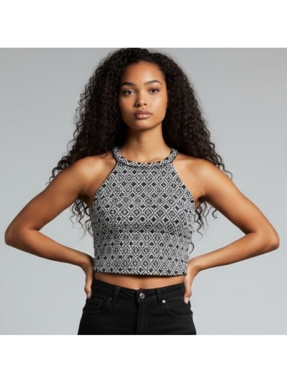 DYNAMITE halter crop top size XS in Black and White Diamond Geometric Pattern